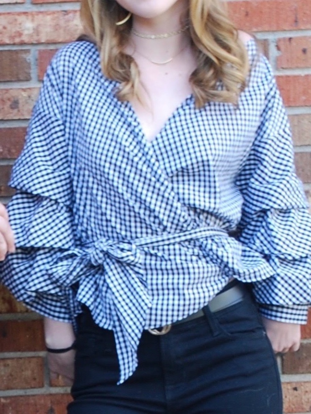 Gianni Bini Black and White Gingham Wrap Top with Ruffle Sleeves